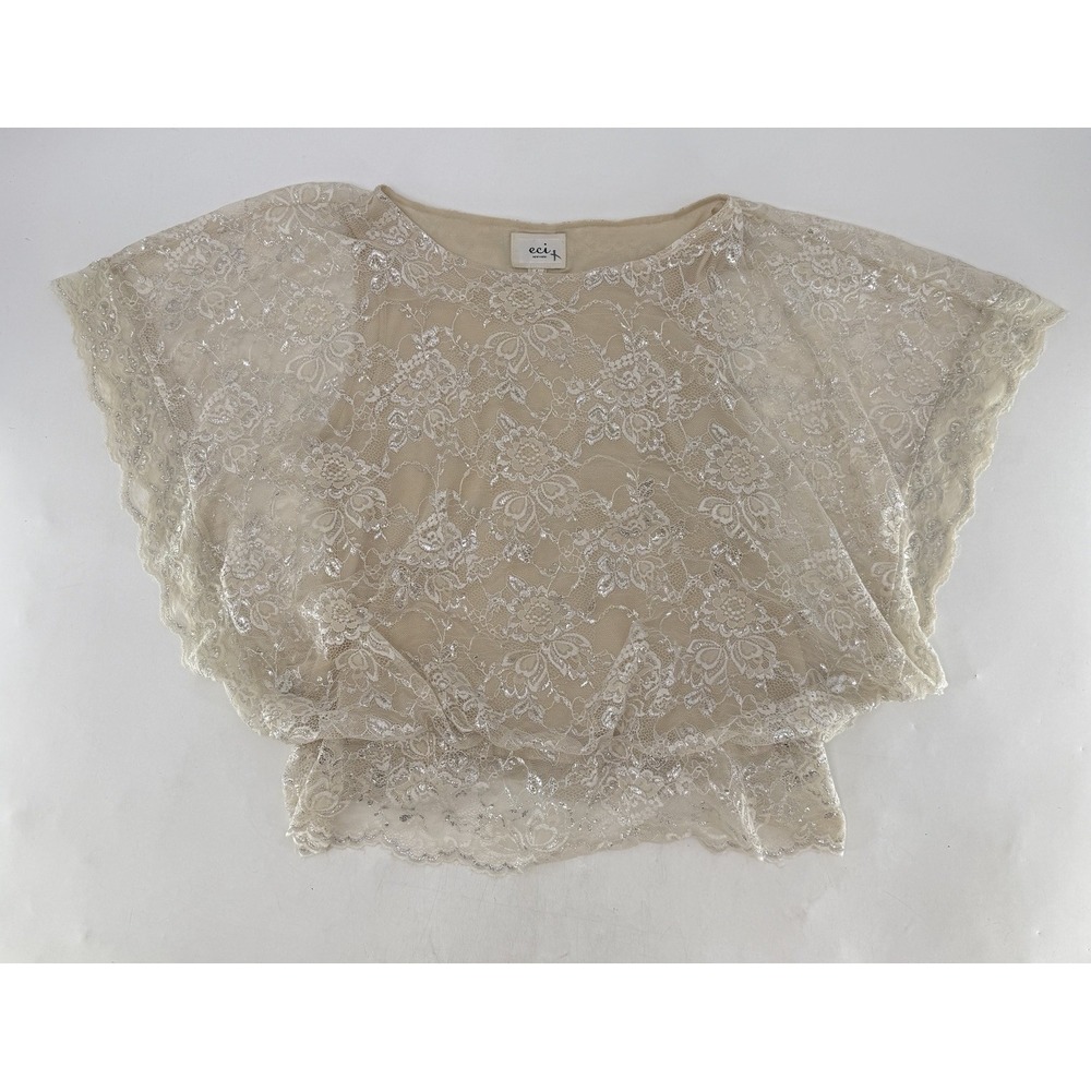 Eci Lace Ivory Beige Blouson Sheer 100% Nylon Blend Lined Blouse Sz L Event - Picture 7 of 9